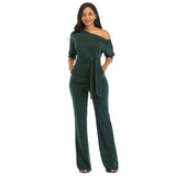 Fashion Wide Leg Slanted One Shoulder Belted Jumpsuits  Yoga
