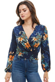 Floral Print Surplice Smock Back Long Sleeve Top