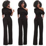 Fashion Wide Leg Slanted One Shoulder Belted Jumpsuits  Yoga