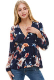 Large Floral Print V Neck Long Sleeve Peplum