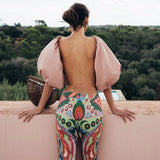 Backless Short Shirt Female Slash Neck Lantern Sleeve Large Size Crop Top Blouse