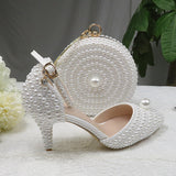 BaoYaFang White Pearl Women Wedding Shoes and Bags Bride High Heels Shoes Ladies Party Dress Shoes Woman Sweet Fashion Pumps