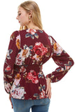 Large Floral Print V Neck Long Sleeve Peplum