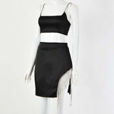 Elegant Off-Black Rhinestones Fringe Side Skirt