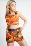 Orange Camo Print Utility Shorts