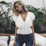 Simple sexy V- neck summer blouse with Elegant ruffle high waist cotton embroidery