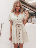 Vintage button women dress shirt V neck short sleeve cotton linen
