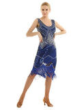 Sleeveless V-Neck Bead Shiny Sequins Fringed Tassels Hem Flapper Woman Cocktail 1920s Dress