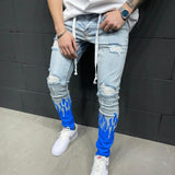 NS043  Hot Sale Ripped Flame Trouser for Men Slim Fit Jeans Pants Casual Men Trousers