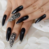 Dark Silver Strass Fake Nails Studs Extra Long Horse Shoe Metal Coffin Faux Ongles With Decorative Stones Frosted Maniture Tips