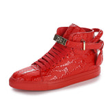 Phenkang Embossed Crocodile High Top Red Flat Leather Boots for Men