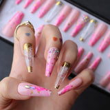 Rhinestone Crystal Design Pink Luxury Ombre Extra Coffin Press on Nails Gel