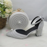 BaoYaFang White Pearl Women Wedding Shoes and Bags Bride High Heels Shoes Ladies Party Dress Shoes Woman Sweet Fashion Pumps