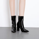 New Classic Snake Pattern Lacquer Bright Leather Thick Heel High Heel Pointed Zipper Boots