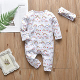 2Pcs Newborn Baby Girls Clothes Outfits Set Cute Rainbow Print Cotton Long Sleeve Jumpsuit and Headband Infant Toddler Clothing