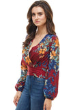 Floral Print Surplice Smock Back Long Sleeve Top