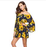 Sunflower Print Swing Loose Summer Hawaii Dress Women Long Flare Sleeve
