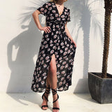 Summer Short Sleeve boho Dress Women Sexy Beach Sundress Floral Print Split Dress Party Holiday V neck Long Dresses