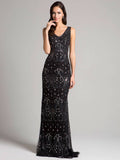 Lara V-Neckline Cascading Patterned Beads Full Length Mesh Dress