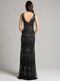 Lara V-Neckline Cascading Patterned Beads Full Length Mesh Dress