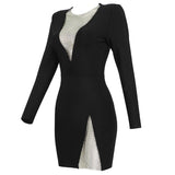 BY2166 Beading Rhinestone New Style Sexy Club Bandage Dress Deep V-Neck Long Sleeve Split Skirt Fashion