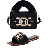 Women's Slippers Slides Metal Decorative Flat Sandals and Handbags Matching Suit