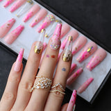 Rhinestone Crystal Design Pink Luxury Ombre Extra Coffin Press on Nails Gel