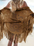 AYUALIN Camel Suede Floral Hollow Out Fringe Tassel Shawl Women Vintage Capes