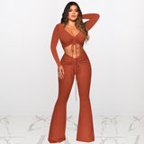 Fall Women Two Piece Jogger Set 2 Piece Set Long Sleeve Pleated Crop Top Flare Trousers Casual Two Piece Sets for Women Winter
