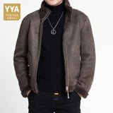 Mens Winter Slim Fit Short Shearling Jacket Real Wool Lining Office Work Coat Biker Man Suede Leather Outwear Coats Plus Size