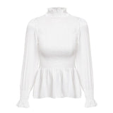 Elegant ladies women blouse Flare sleeve ruffle pleated peplum top blouse shirt