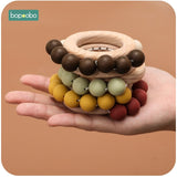 Bopoobo 1PC Baby Toys Beech Wooden Rattle Hand Teething Wooden Ring Can Chew Beads Play Gym BPA