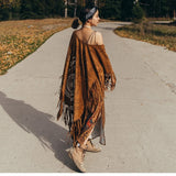 AYUALIN Camel Suede Floral Hollow Out Fringe Tassel Shawl Women Vintage Capes