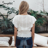 Simple sexy V- neck summer blouse with Elegant ruffle high waist cotton embroidery