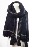 Long Black Tassel Frayed Blanket Scarf