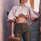 Backless Short Shirt Female Slash Neck Lantern Sleeve Large Size Crop Top Blouse