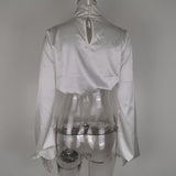 Women Elegant Silk Blouse Shirts Chic Stand Lantern Long Sleeve High Quality Double Layers White Tops Lady Vintage Crop Top