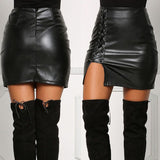 Summer Sexy Girls Above Knee Black PU Leather Mini Skirts Spring