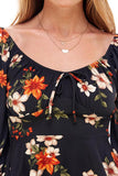 Floral Print Rouched Chest Tie Front Peplum Long Sleeve Peasant Top