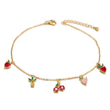 HOT 18k Real Gold Plated Colorful Zircon Cherry Peach Tropical Fruit Anklet for Women