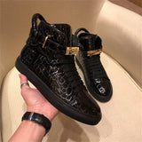Phenkang Embossed Crocodile High Top Red Flat Leather Boots for Men