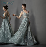 Luxurious Evening Dress A-Line Lace Formal Evening Gown V-Neck Applique Crystal Beaded Tulle