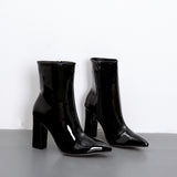 New Classic Snake Pattern Lacquer Bright Leather Thick Heel High Heel Pointed Zipper Boots
