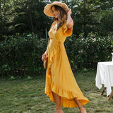 V-neck ruffled boho dress Sexy cotton short sleeve holiday