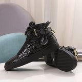Phenkang Embossed Crocodile High Top Red Flat Leather Boots for Men
