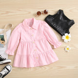 FOCUSNORM Autumn Fashion Kids Girls Dress 2pcs Outfits 1-6y Solid Single Breasted Shirts Dress+PU Leather Vest