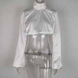 Women Elegant Silk Blouse Shirts Chic Stand Lantern Long Sleeve High Quality Double Layers White Tops Lady Vintage Crop Top