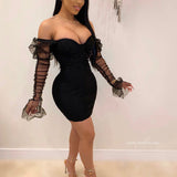 Club Dress Mesh Flare Sleeve Backless Mini Dress Strapless Black Long Sleeve Low Cut Solid Color See Through Women Dress