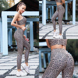 Aoxjox Yoga Women Seamless Gym Sport Leopard Print  Pants Workout Leggings Sexy High Waist Trousers Leopard Print Set