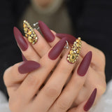 Dark Silver Strass Fake Nails Studs Extra Long Horse Shoe Metal Coffin Faux Ongles With Decorative Stones Frosted Maniture Tips